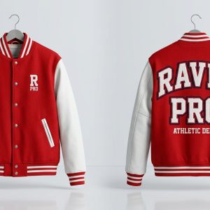 Custom Red and White Varsity Jacket with Athletic Lettering – front and back view, custom manufactured by Ravix Pro Industry, Sialkot