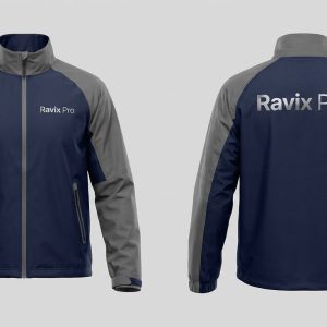 Custom Navy and Grey Softshell Jacket – front and back view, custom manufactured by Ravix Pro Industry, Sialkot