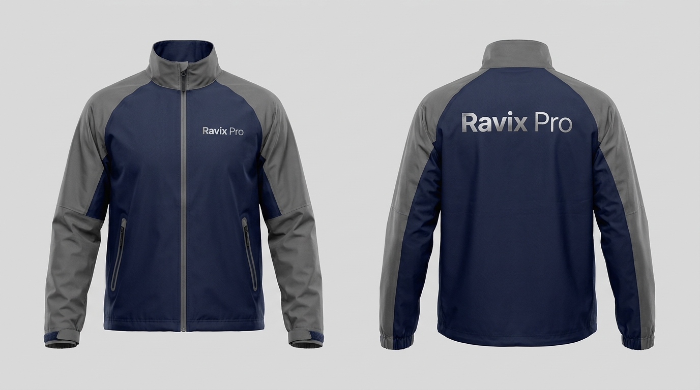 Custom Navy and Grey Softshell Jacket Custom Navy and Grey Softshell Jacket – front and back view, custom manufactured by Ravix Pro Industry, Sialkot