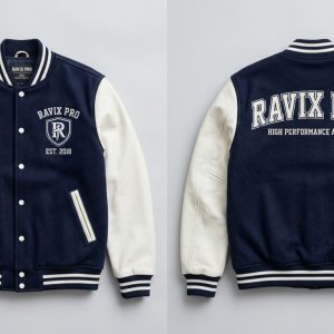 Custom Navy and White Performance Apparel Varsity – front and back view, custom manufactured by Ravix Pro Industry, Sialkot