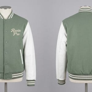 Custom Sage Green and White Varsity Jacket with Script Logo – front and back view, custom manufactured by Ravix Pro Industry, Sialkot