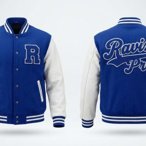 Custom Royal Blue and White Varsity with Chenille R – front and back view, custom manufactured by Ravix Pro Industry, Sialkot