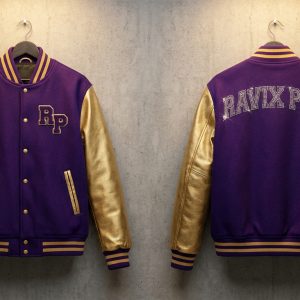 Custom Purple and Gold Varsity with Tonal Back Lettering – front and back view, custom manufactured by Ravix Pro Industry, Sialkot