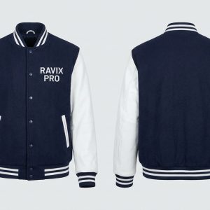 Custom Navy and White Varsity Jacket with Chest Print – front and back view, custom manufactured by Ravix Pro Industry, Sialkot