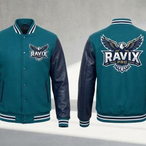 Custom Teal and Navy Varsity with Eagle Crest – front and back view, custom manufactured by Ravix Pro Industry, Sialkot