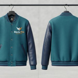Custom Teal and Navy Varsity with Embroidered Logo – front and back view, custom manufactured by Ravix Pro Industry, Sialkot