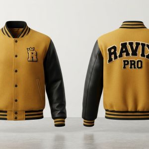 Custom Mustard and Black Varsity with Black Lettering – front and back view, custom manufactured by Ravix Pro Industry, Sialkot