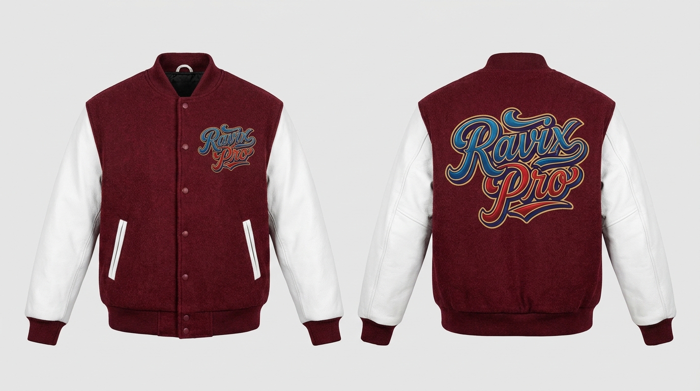 Custom Burgundy and White Varsity with Embroidered Script Custom Burgundy and White Varsity with Embroidered Script – front and back view, custom manufactured by Ravix Pro Industry, Sialkot
