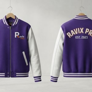 Custom Purple and White Varsity with Arched Back Logo – front and back view, custom manufactured by Ravix Pro Industry, Sialkot