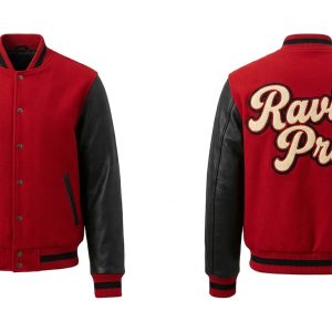 Custom Red and Black Varsity with Cream Chenille Script – front and back view, custom manufactured by Ravix Pro Industry, Sialkot