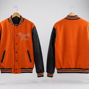 Custom Orange and Black Varsity with Tonal Script – front and back view, custom manufactured by Ravix Pro Industry, Sialkot