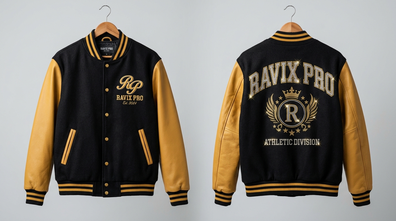 Custom Black and Gold Varsity Jacket with Crown Crest Custom Black and Gold Varsity Jacket with Crown Crest – front and back view, custom manufactured by Ravix Pro Industry, Sialkot