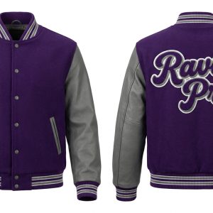 Custom Purple and Grey Varsity Jacket with Chenille Script – front and back view, custom manufactured by Ravix Pro Industry, Sialkot
