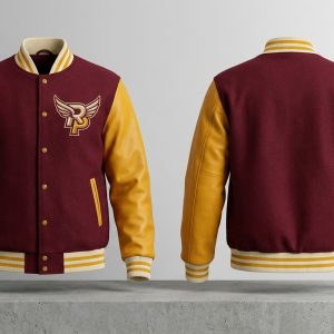 Custom Maroon and Gold Varsity Jacket with Eagle Patch – front and back view, custom manufactured by Ravix Pro Industry, Sialkot
