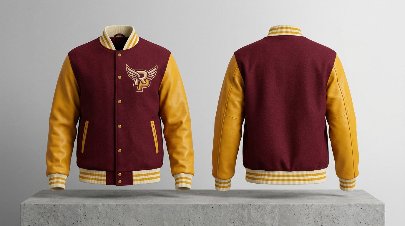 Custom Maroon and Gold Varsity Jacket with Eagle Patch Custom Maroon and Gold Varsity Jacket with Eagle Patch – front and back view, custom manufactured by Ravix Pro Industry, Sialkot
