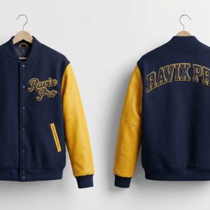 Custom Navy and Yellow Varsity Jacket with Arched Lettering – front and back view, custom manufactured by Ravix Pro Industry, Sialkot