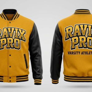 Custom Gold and Black Varsity Jacket with Bold Lettering – front and back view, custom manufactured by Ravix Pro Industry, Sialkot