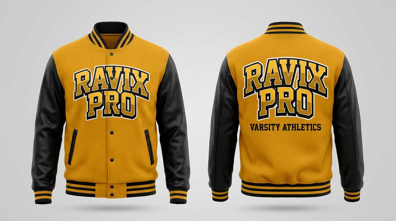 Custom Gold and Black Varsity Jacket with Bold Lettering Custom Gold and Black Varsity Jacket with Bold Lettering – front and back view, custom manufactured by Ravix Pro Industry, Sialkot