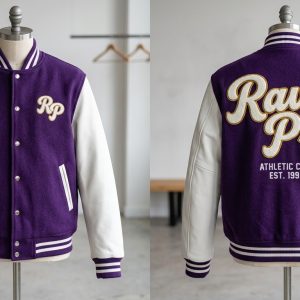 Custom Purple and White Varsity Jacket with Chenille Script – front and back view, custom manufactured by Ravix Pro Industry, Sialkot