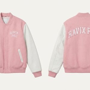 Custom Pink and White Varsity Jacket – front and back view, custom manufactured by Ravix Pro Industry, Sialkot