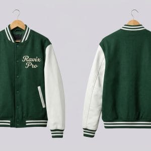 Custom Green and White Varsity Jacket with Script – front and back view, custom manufactured by Ravix Pro Industry, Sialkot