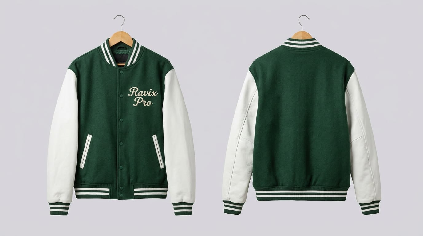 Custom Green and White Varsity Jacket with Script Custom Green and White Varsity Jacket with Script – front and back view, custom manufactured by Ravix Pro Industry, Sialkot