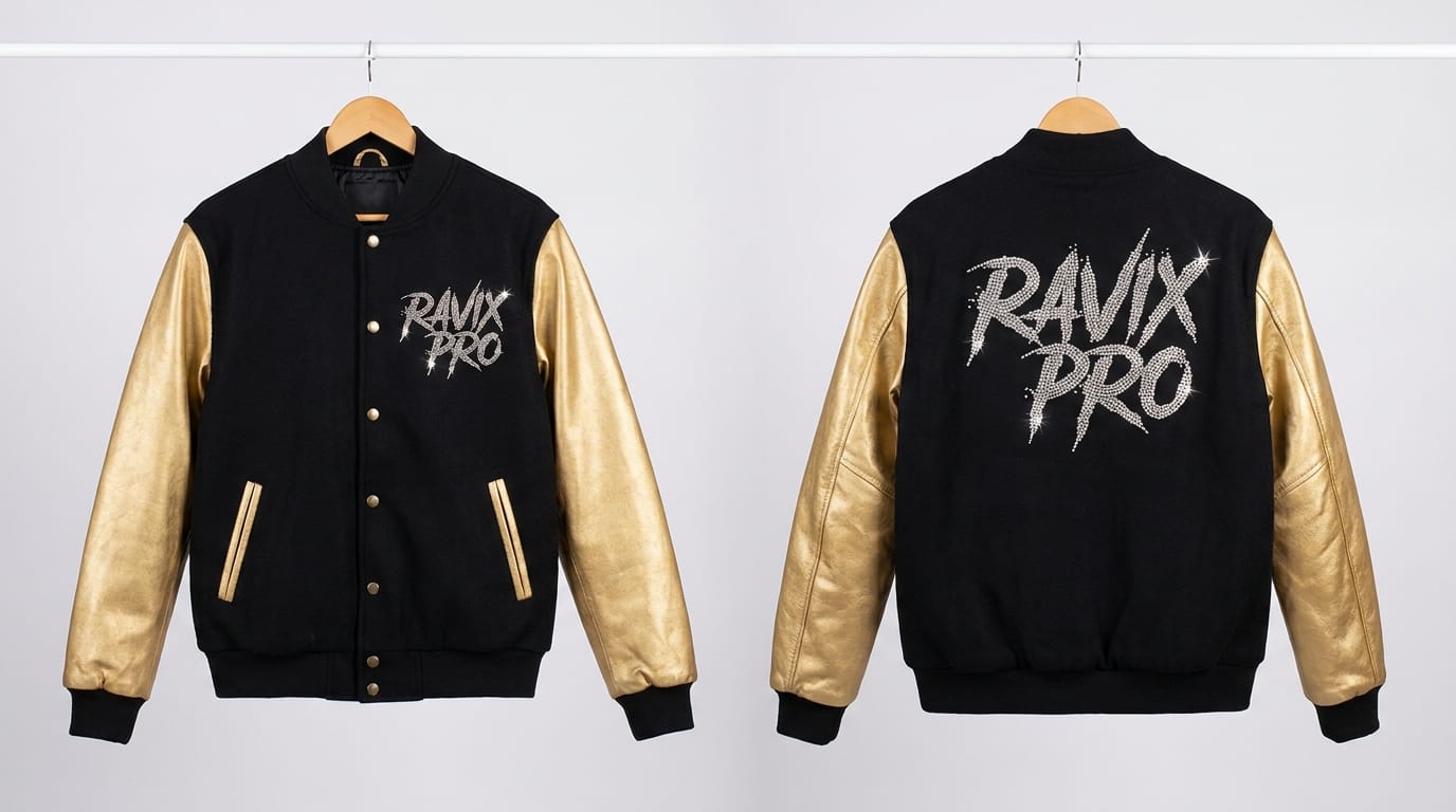 Custom Black and Gold Varsity Jacket with Brush Script Custom Black and Gold Varsity Jacket with Brush Script – front and back view, custom manufactured by Ravix Pro Industry, Sialkot