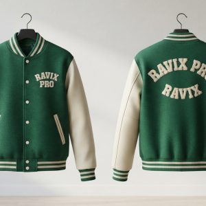 Custom Green and Cream Varsity with Arched Back Text – front and back view, custom manufactured by Ravix Pro Industry, Sialkot