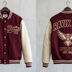 Custom Maroon and Cream Varsity Jacket with Eagle Crest – front and back view, custom manufactured by Ravix Pro Industry, Sialkot