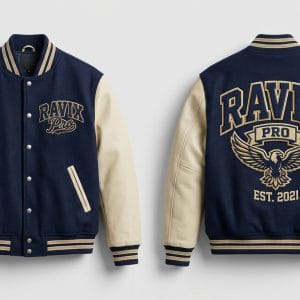 Custom Navy Varsity Jacket with Embroidered Eagle Back – front and back view, custom manufactured by Ravix Pro Industry, Sialkot