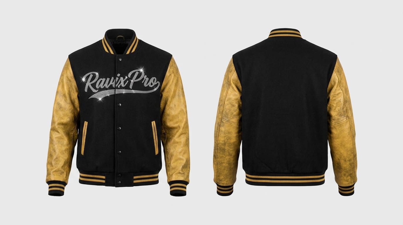 Custom Black Varsity Jacket with Gold Leather Sleeves Custom Black Varsity Jacket with Gold Leather Sleeves – front and back view, custom manufactured by Ravix Pro Industry, Sialkot