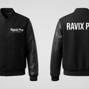 Custom All-Black Varsity Jacket with Leather Sleeves – front and back view, custom manufactured by Ravix Pro Industry, Sialkot