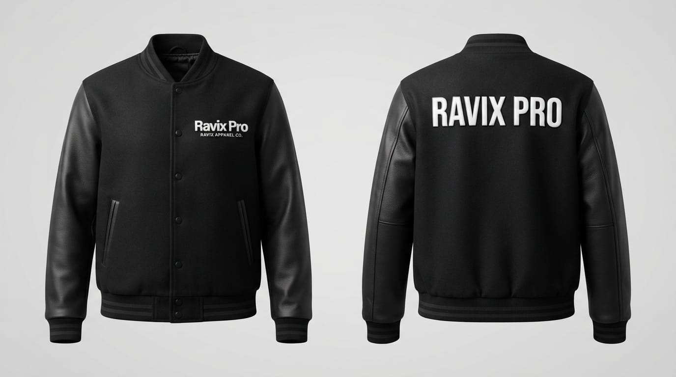 Custom All-Black Varsity Jacket with Leather Sleeves Custom All-Black Varsity Jacket with Leather Sleeves – front and back view, custom manufactured by Ravix Pro Industry, Sialkot