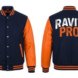 Custom Navy and Orange Varsity Jacket with Large Back Lettering – front and back view, custom manufactured by Ravix Pro Industry, Sialkot