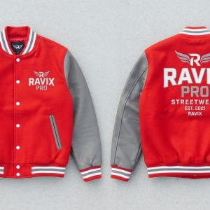 Custom Red and Grey Varsity with Winged Logo – front and back view, custom manufactured by Ravix Pro Industry, Sialkot