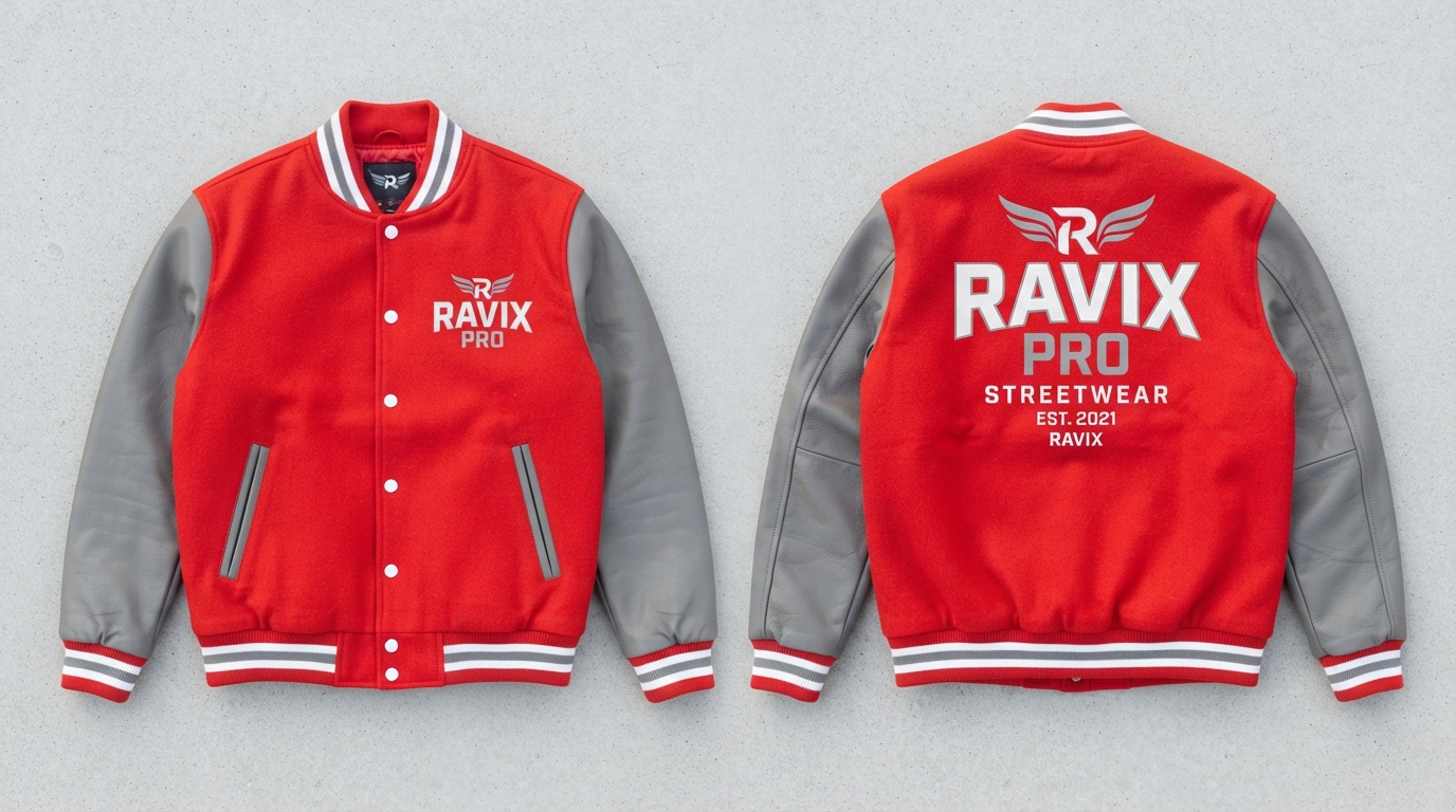 Custom Red and Grey Varsity with Winged Logo Custom Red and Grey Varsity with Winged Logo – front and back view, custom manufactured by Ravix Pro Industry, Sialkot