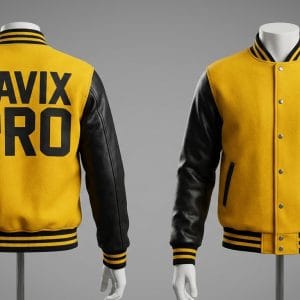 Custom Mustard and Black Varsity Jacket with Front Lettering – front and back view, custom manufactured by Ravix Pro Industry, Sialkot