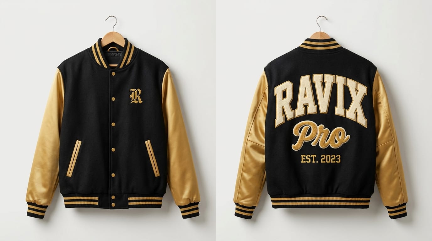 Custom Black and Gold Varsity Jacket with Chenille Back Logo Custom Black and Gold Varsity Jacket with Chenille Back Logo – front and back view, custom manufactured by Ravix Pro Industry, Sialkot