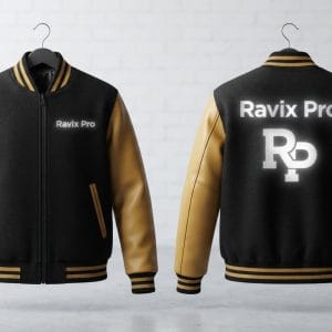 Custom Black Varsity Jacket with Tan Sleeves and Monogram Back – front and back view, custom manufactured by Ravix Pro Industry, Sialkot