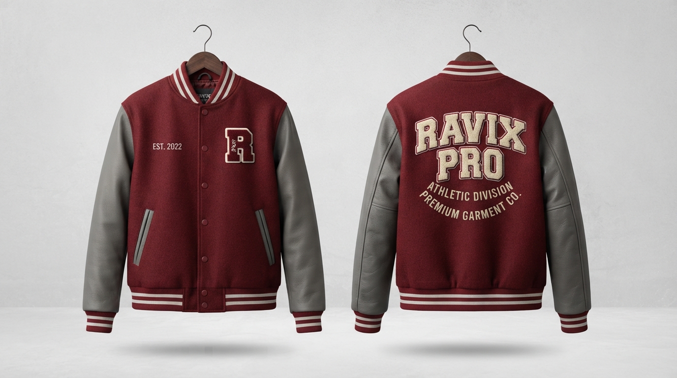 Custom Burgundy and Grey Varsity with Collegiate Back Custom Burgundy and Grey Varsity with Collegiate Back – front and back view, custom manufactured by Ravix Pro Industry, Sialkot
