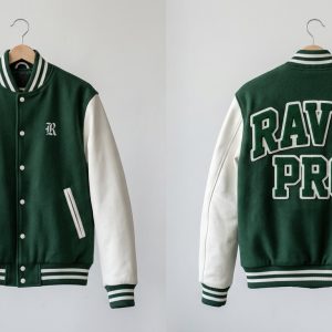 Custom Green and White Varsity with Outline Lettering – front and back view, custom manufactured by Ravix Pro Industry, Sialkot