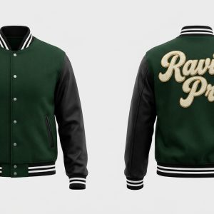 Custom Green and Black Varsity Jacket with Cream Script – front and back view, custom manufactured by Ravix Pro Industry, Sialkot