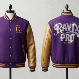 Custom Purple and Gold Varsity with Chenille Letter – front and back view, custom manufactured by Ravix Pro Industry, Sialkot