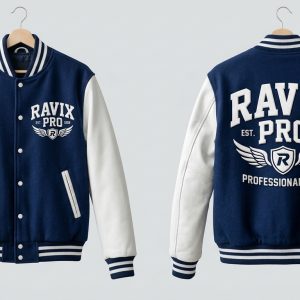 Custom Navy and White Varsity with Winged Crest – front and back view, custom manufactured by Ravix Pro Industry, Sialkot