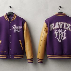 Custom Purple Varsity with Shield Crest Back – front and back view, custom manufactured by Ravix Pro Industry, Sialkot