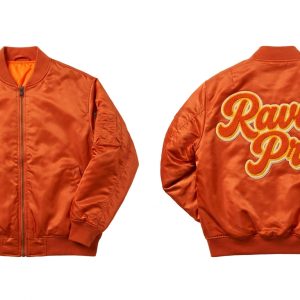 Custom Orange MA-1 Bomber with Cream Script Back – front and back view, custom manufactured by Ravix Pro Industry, Sialkot