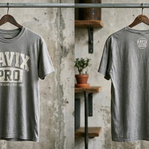 Custom Grey Heather Tee with Collegiate Front Print – front and back view, custom manufactured by Ravix Pro Industry, Sialkot