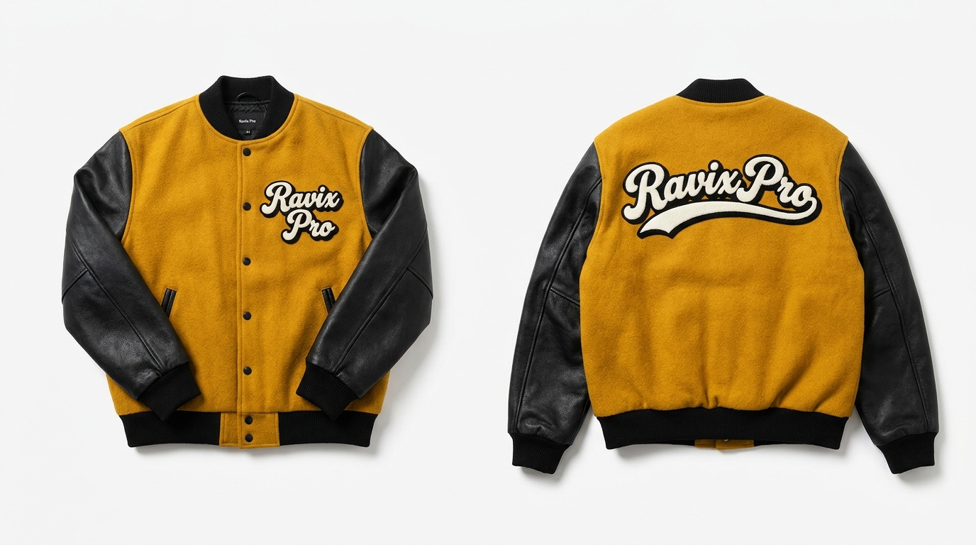 Custom Mustard and Black Varsity with Swash Script – front and back view, custom manufactured by Ravix Pro Industry, Sialkot