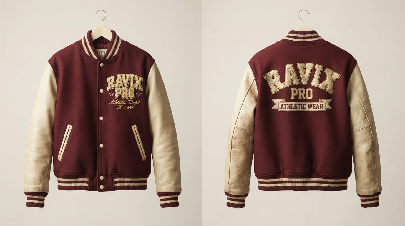 Custom Maroon and Cream Varsity Jacket with Gold Embroidery – front and back view, custom manufactured by Ravix Pro Industry, Sialkot