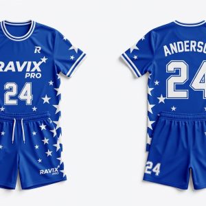 Custom Royal Blue Star Volleyball Uniform – front and back view, custom manufactured by Ravix Pro Industry, Sialkot